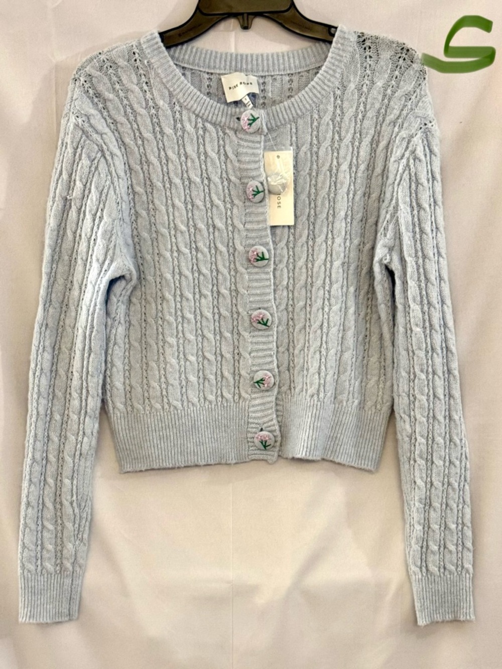 Pink Rose Pale Blue Cable-Knit Cropped Cardigan with Floral Buttons
